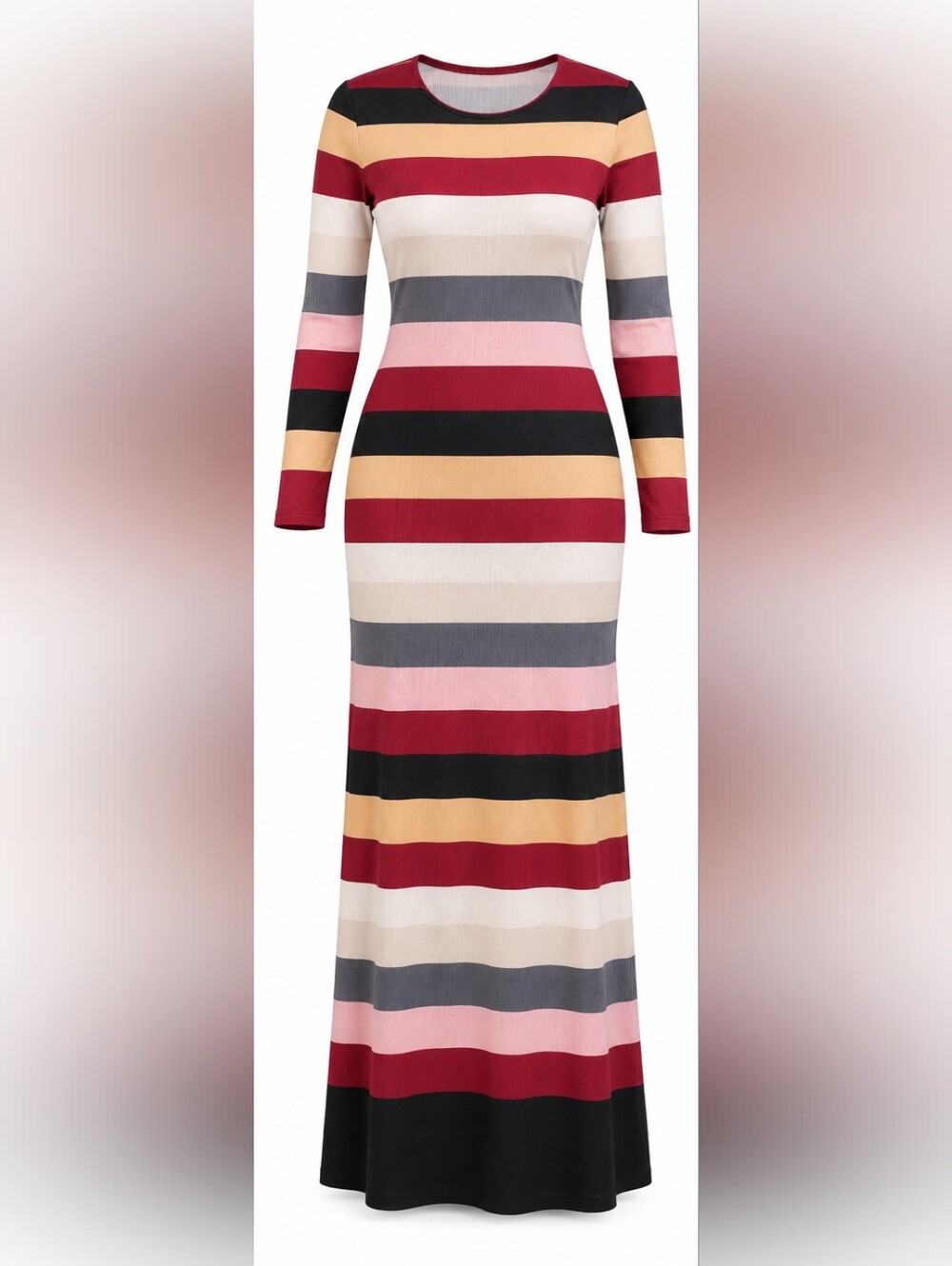Striped Long Sleeve Maxi Dress in Multi-Color Size Large